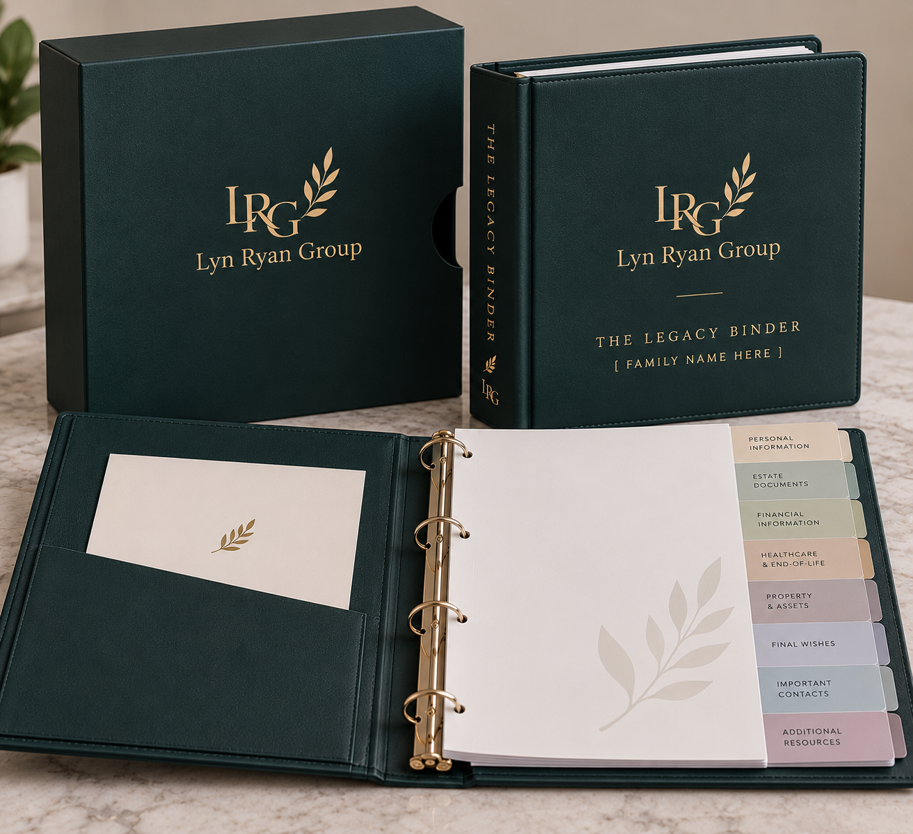 The Lyn Ryan Group Legacy Binder — a deep green keepsake binder with tabbed sections for personal, estate, financial, healthcare, and final-wishes documents